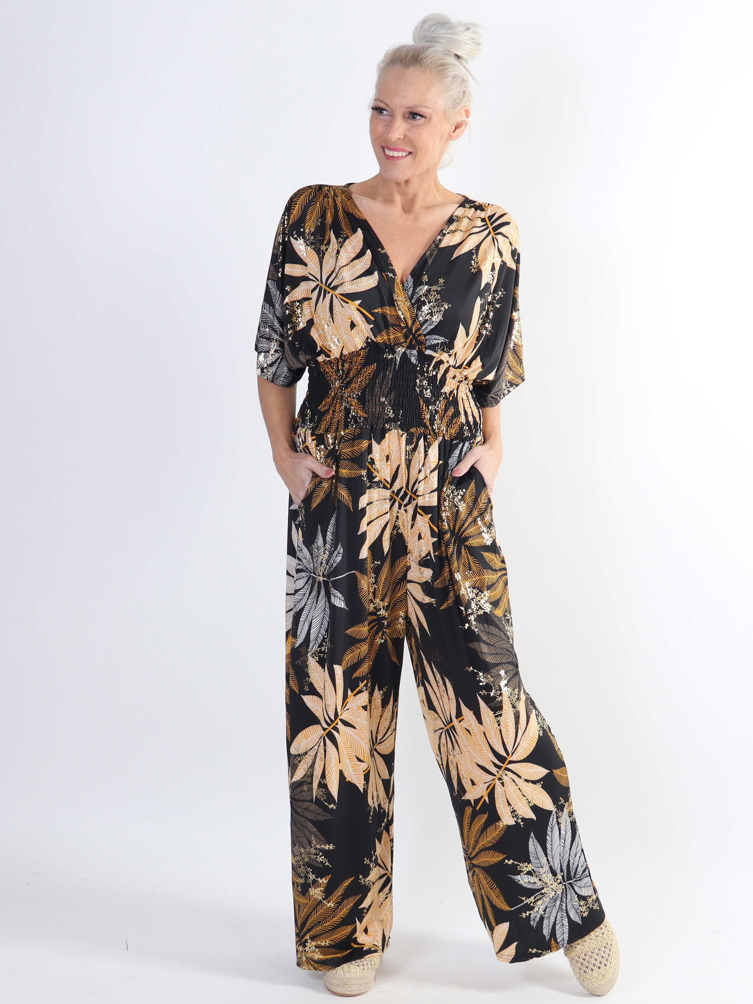 Pams Multi Leaf Jumpsuit - Elastisk plus size buksedragt med bladmønster
